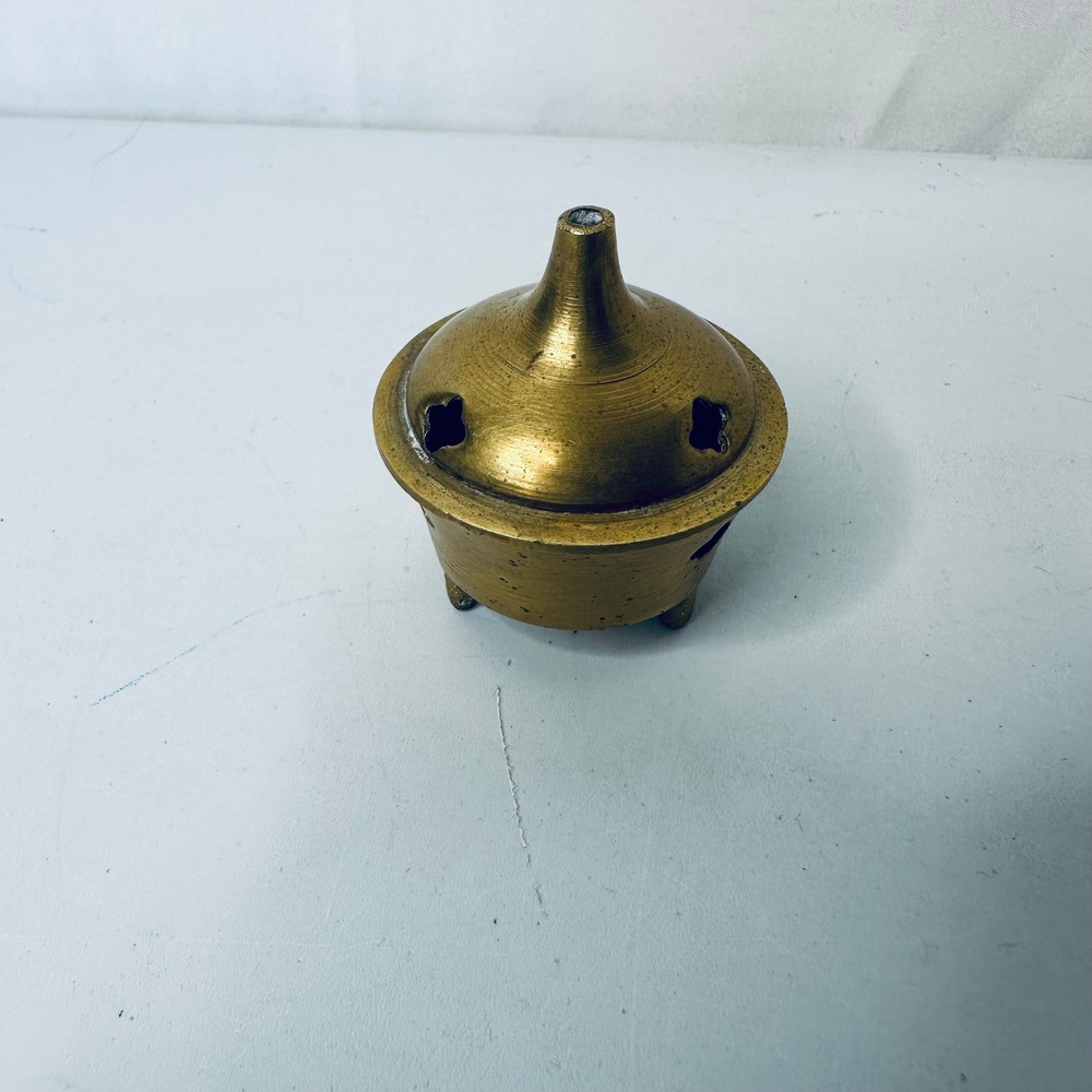 Vintage Brass Incense Burner Tripod Footed Censer with Domed Vented Lid Gold